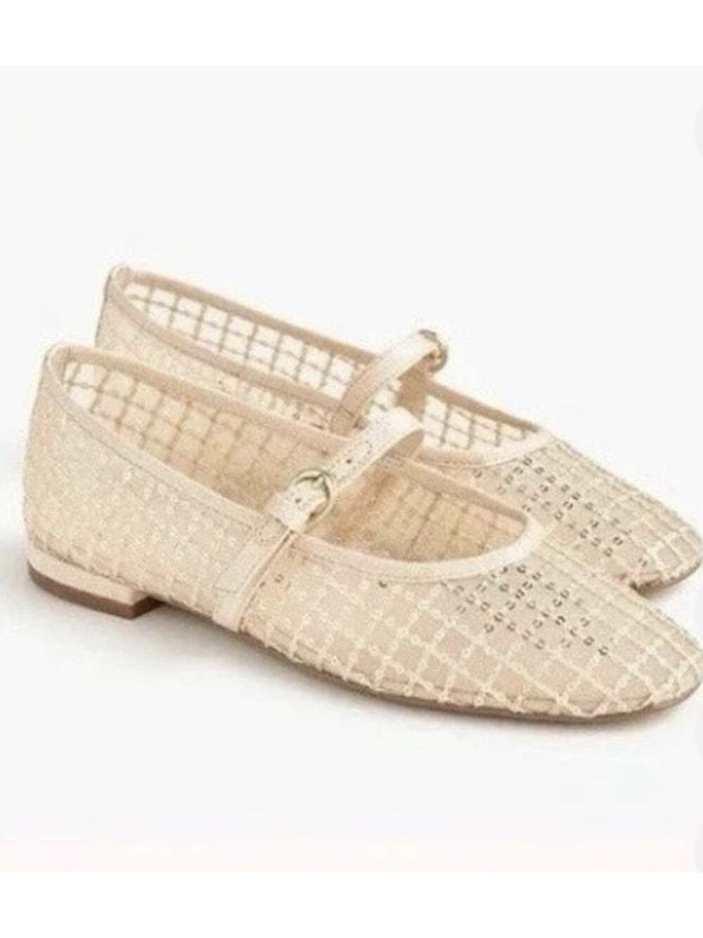 New! J. Crew Mesh Mary Jane Flat Beige Gold Sequin Plaid Sz 9.5